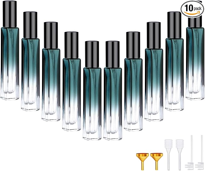 Segbeauty Green Glass Perfume Bottle Set, 10pcs 10ML Perfume Travel Refillable, 0.34oz Empty Atomizer Sprayer for Perfume Cologne Dispenser, Travel Sample Bottles Perfume Making Kit with Refill Tool