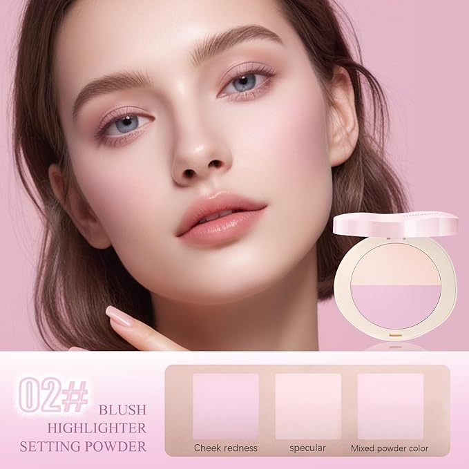 Pink Setting Powder, 3 in 1 Blush Palette with Puff, Highlighter Palette, Fine Texture Blush Pressed Powder, Setting Powder Makeup, Korea Makeup - Purple
