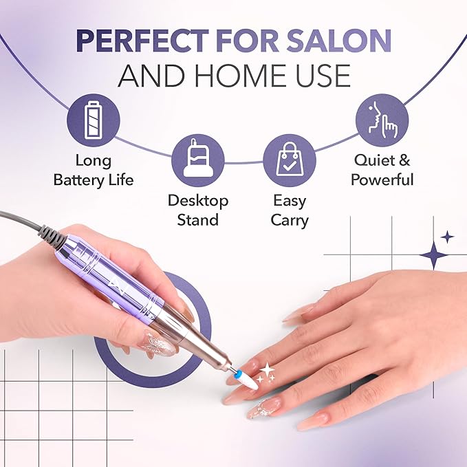 M Mase- Professional Nail Drill Machine - Coreless 2-in-1 Nail File - Electric, Cordless, 35000 RPM, HD Display - Electric Nail Drill for Professional & Home Use (Violet)