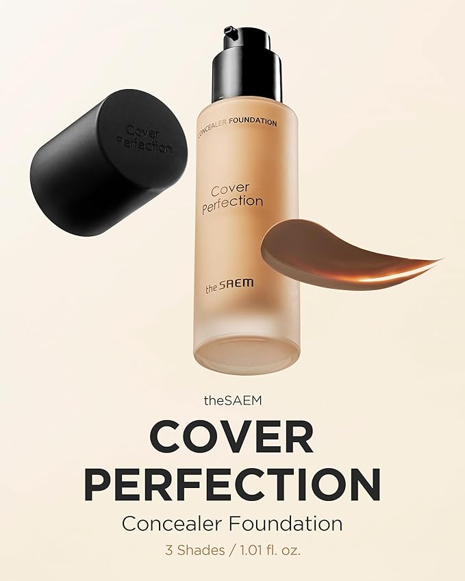 THESAEM Cover Perfection Concealer Foundation - 24H Coverage, Light Liquid Texture - Ideal for Oily, Combination Skin, Provides Semi-Matte, Smooth Finish, 1.01 fl.oz. (1.5 Natural Beige)