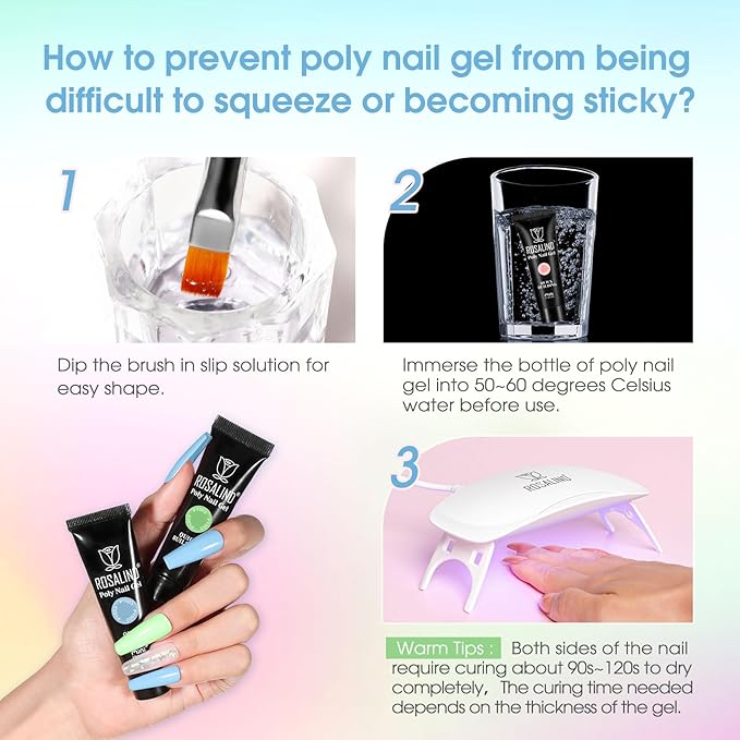 ROSALIND 12PCS Poly Nail Gel Kit with Mini Nail Lamp Nude Brown Cherry Pink Poly Extension Gel Kits