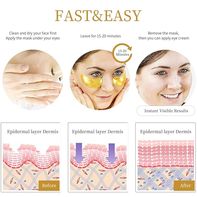 Under Eye Patches - 30 Pairs Under Eye Masks for Dark Circles and Puffiness, 24k Gold Dark Circles Under Eye Treatment for Women, Undereye Gel Patches Under Eye Bags - Reduce Wrinkles Anti-Aging