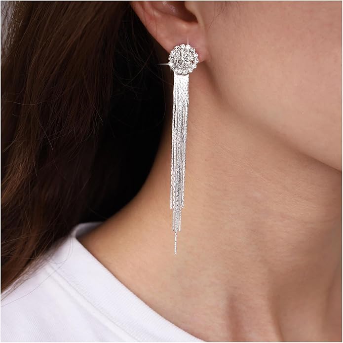 Vintage Crystal Chandelier Dangle Earrings Rhinestone Tassel Chain Earrings Wedding Chandelier Earrings Silver Full Cz Chain Earrings Jewelry for Women