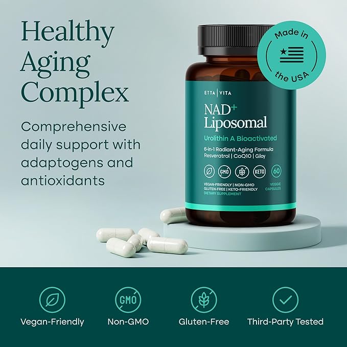 Liposomal NAD+ Supplement 500mg with Urolithin A, CoQ10, Resveratrol & Giloy (Made in USA) Mitochondrial, Cellular Energy, Cognitive, Anti-Aging & Detox Support - 3rd Party Tested Vegan, Non-GMO