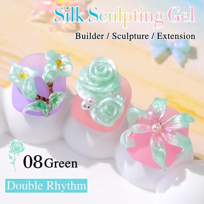 Double Rhythm 3D Nail Gel Pearl Solid Sculpting for Nail Art Non-Sticky Hard for Building Carving Molding Extension Soak Off UV/LED Nail Art Salon Home DIY 0.5 Oz (Green-Silk 08)