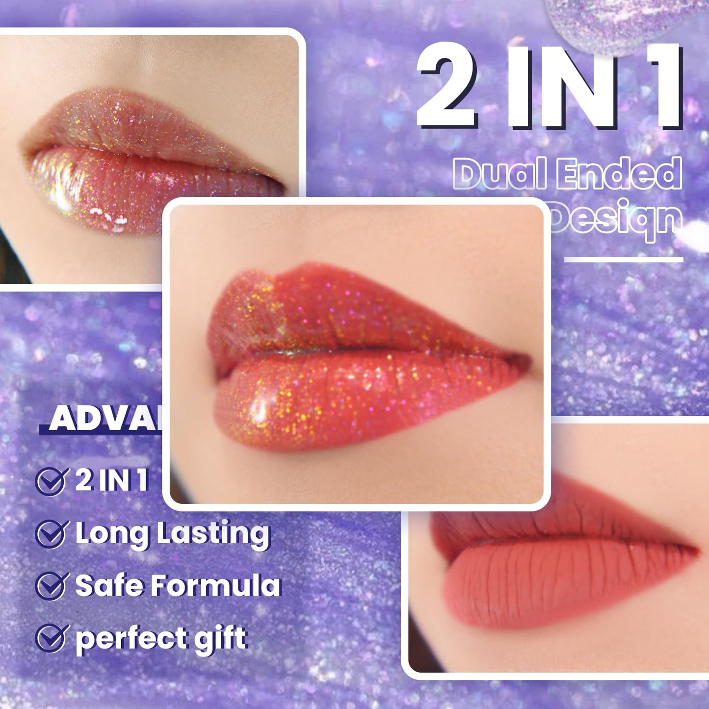 CHARMACY Multichrome Double Head Non-Stick Lip Gloss, Metallic Colourful Lip Glaze, Anti-transfer, Long Lasting Waterproof Liquid Lipstick Makeup (#07)