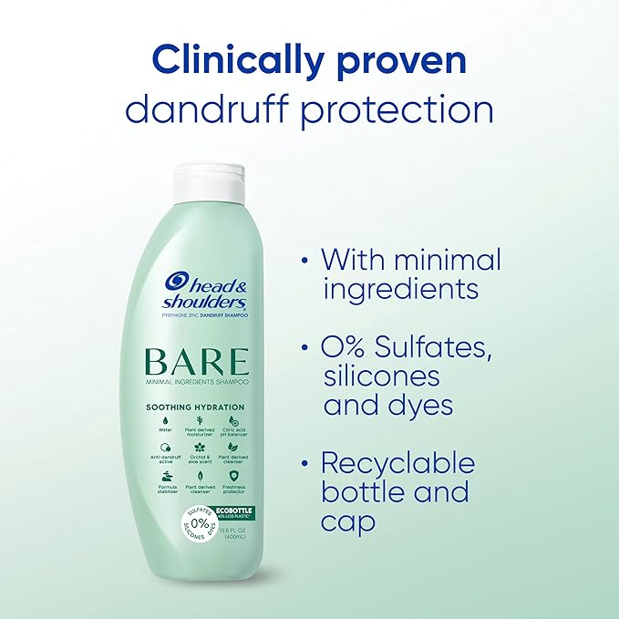 Head & Shoulders BARE Dandruff Shampoo Twin Pack, Soothing Hydration, Sulfate-Free, Silicone-Free, Dye-Free, Eco-Friendly Bottles, Safe for All Hair Types, 13.5 Fl Oz Each (Set of 2)