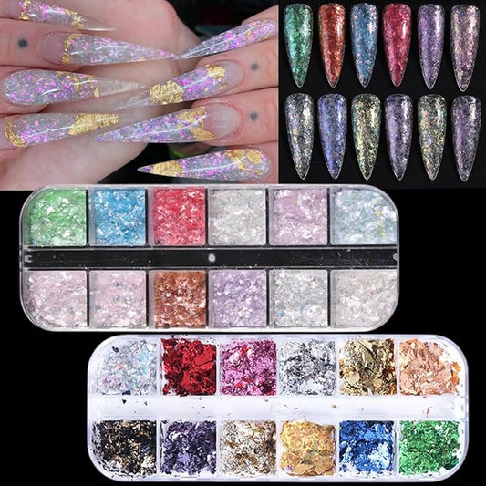 24Grid Aurora Opal Iridescent Nails Mermaid Flake Powder,Holographic Metal Color Gold Silver Confetti Nail Art Foil Paillettes,Irregular Glitter Sparkly Sequin Design for Manicure Decoration