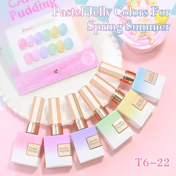 Double Rhythm 6 Pcs 15 ML Gel Polish Set Same Color Same Bottle Soak Off Gel Polish Kit Nail Art Manicure Salon DIY at Home for Women (Jelly Pink Purple Green Yellow Blue-T6-22)