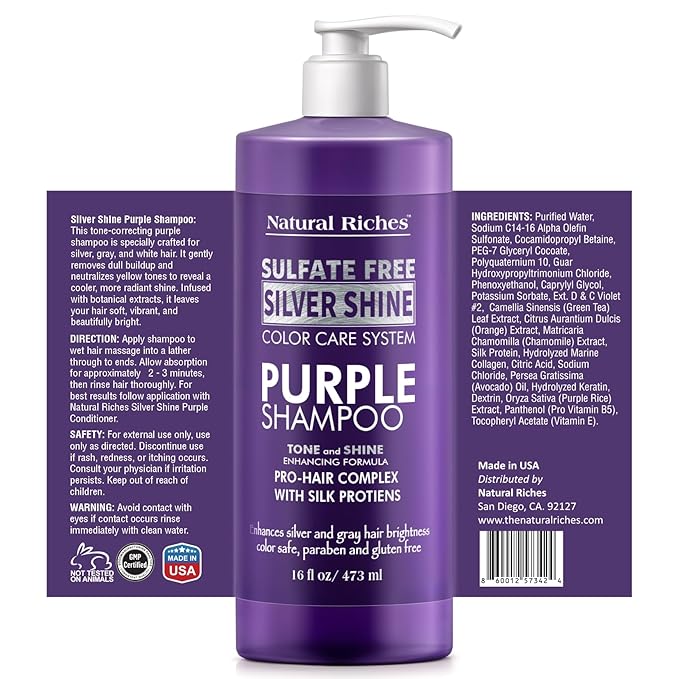 Natural Riches Radiant Silver Shine Purple Shampoo and Conditioner Set for Gray Hair - Paraben-Free and Color Safe – With Silk Proteins, Tones Dull Hair, Softens & Adds Shine - 16 fl oz