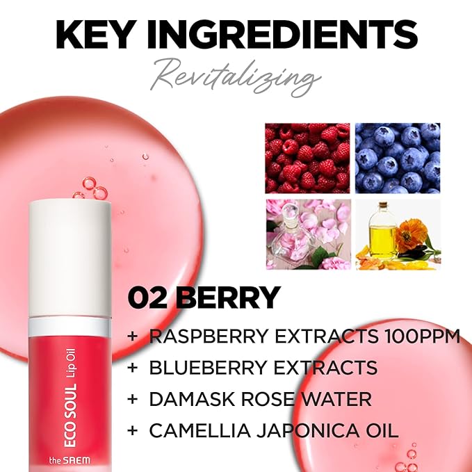 THESAEM Eco Soul Lip Oil 02 Berry - Plumping & Hydrating Lip Oil to Nourish & Moisturize Lips – Berry Extract & Rose Water - Lips Soft & Glossy for Dry Lips, 0.21 fl.oz.