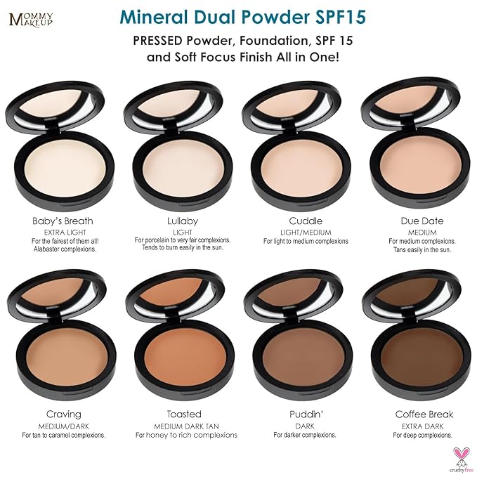 Mineral Dual Powder in Puddin' (Dark) | 4-in-1 Pressed Mineral Foundation with SPF 15 for Flawless Glow & Soft Looking Skin | Oil Free, Talc Free, Gluten Free | 0.45 Oz | by Mommy Makeup