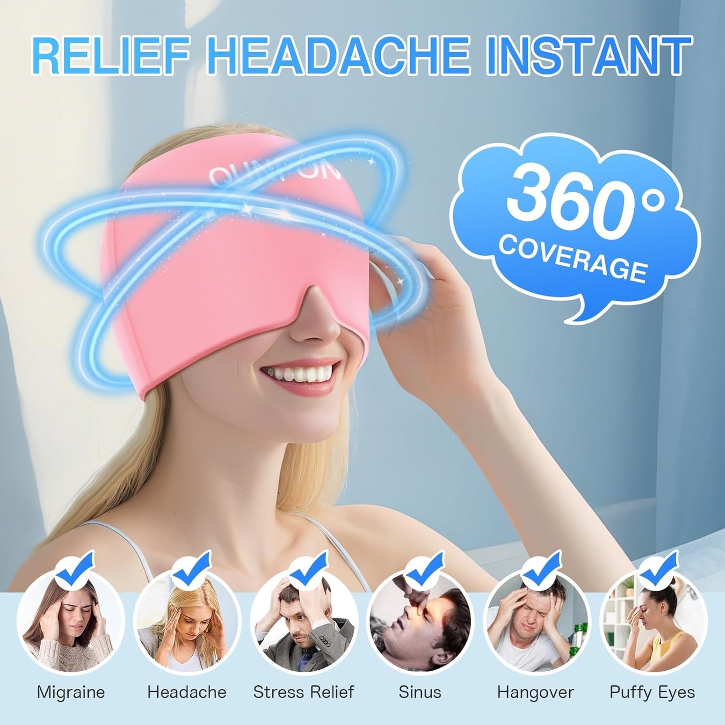 Migraine Relief Cap,Headache Relief Cap Ice Pack Mask, Cold Eye Face Hat Cooling Gel Head Wrap for Tension, Stress,Hangover Gifts for Women mom-Pink