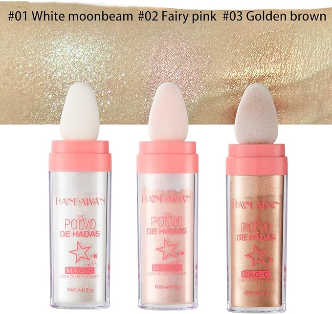 Polvo De Hadas - Body Glitter Highlighter Powder Fairy Stick for Makeup Shimmer and Shine High Gloss Blush Contour Powder Makeup - 3 Colors Sparkle Patting Powder For Hair Face Eyes Body