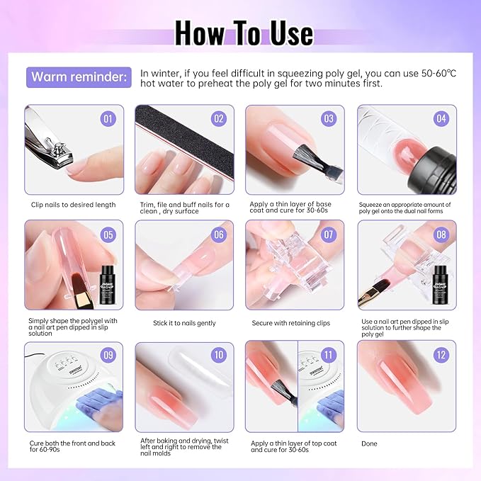 JEWHITENY Poly Gel Nail Kit 14 Colors - Yellow Nude Pink Blue Purple Glitter Tones Starter Kit with UV Lamp Base & Top Coat All-in-One Gift for Women Need U V Light Curing