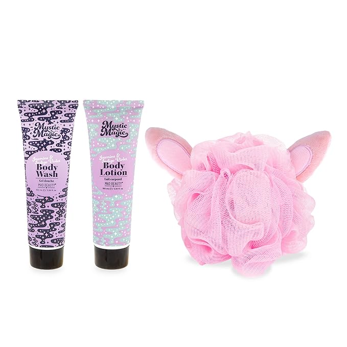 MAD BEAUTY Mystic Magic Rabbit in the Hat Body Trio, 3-in-1 Bath Kit: Exfoliating Loofah, Body Lotion, & Body Wash, Gorgeous Jasmine & Indigo Violet, Relax & Unwind, Great Self-Care Gift Set