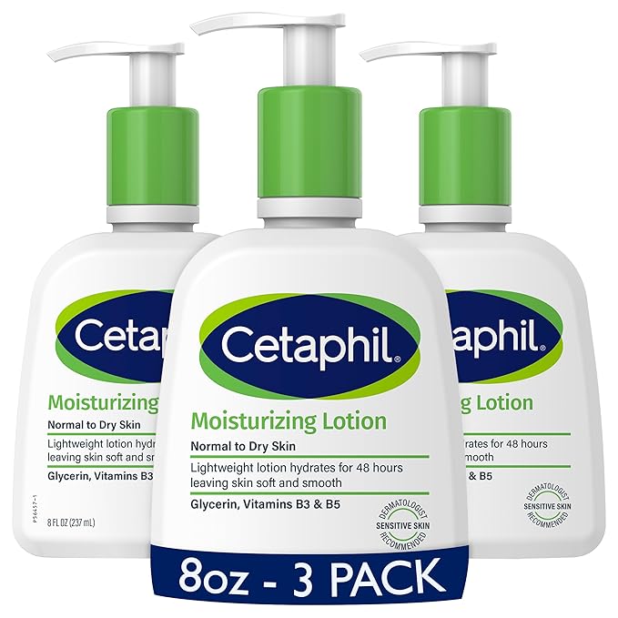 Cetaphil Face & Body Moisturizer, Hydrating Moisturizing Lotion for All Skin Types, Suitable for Sensitive Skin, NEW 8 oz Pack of 3, Fragrance Free, Hypoallergenic, Non-Comedogenic