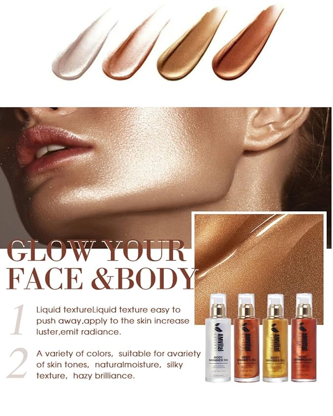 Shimmer Body Oil Rose Gold, Illuminator Highlighter for Face & Body Makeup Shine, Non-Sticky Body Moisturizing For All Skin Types, Fast Absorbing & lightweight Body Oil For Women