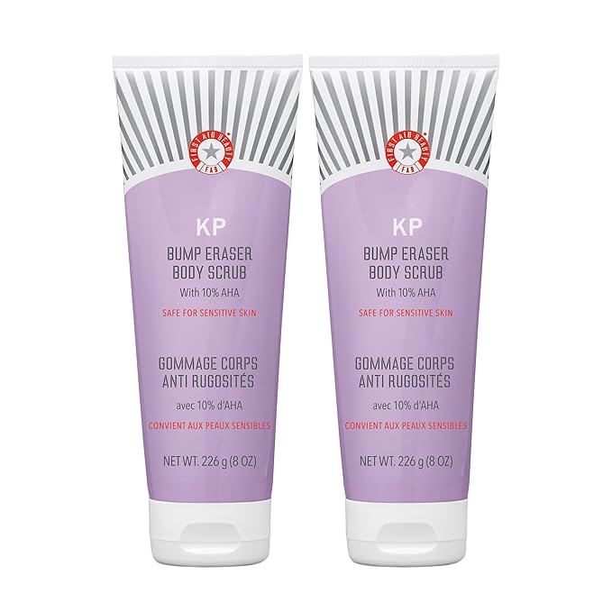 First Aid Beauty - KP Bump Eraser Body Scrub with 10% AHA, Keratosis Pilaris Skin Exfoliater with Glycolic and Lactic acids, Helps Reduce Chicken Skin Bumps, Safe for Sensitive Skin, 8 oz, 2ct