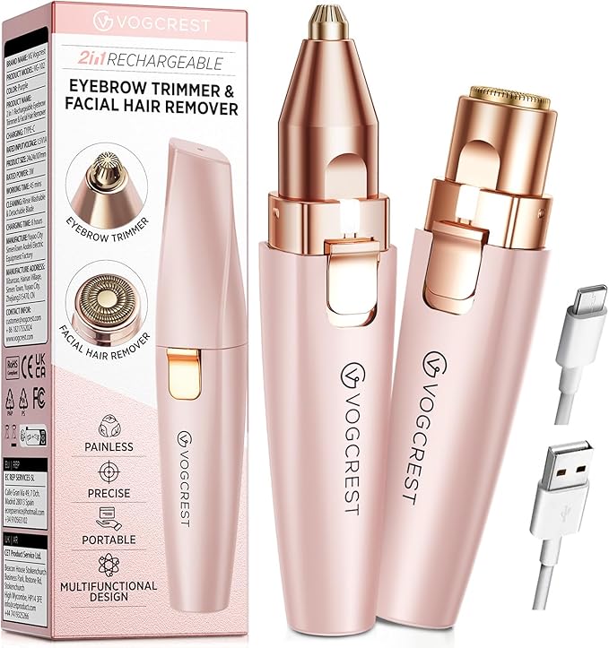 Eyebrow Facial Trimmer: 2 in1 Rechargeable Facial Hair Removal and Eyebrow Shaver - Face Lips Body Painless Facial Razor with Built-in LED Light (Pink)