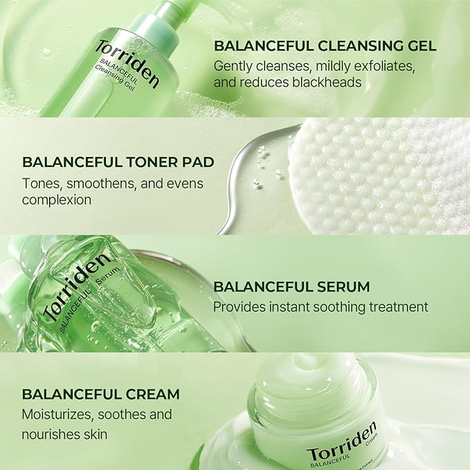 Torriden BALANCEFUL Cica Trial Kit, Gotu Kola Infused Daily Skincare Kit - 4 Step Regimen with Cleansing Gel, Toner Pad, Serum, and Cream | Vegan, Hypoallergenic Korean Skin Care