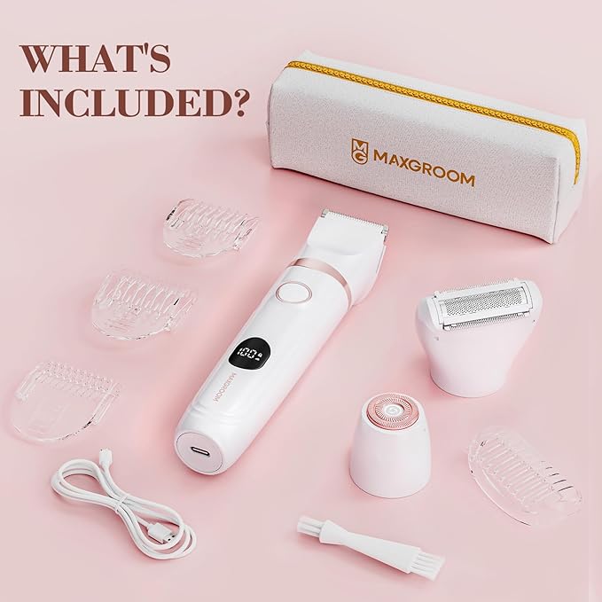 Bikini Trimmer for Women, 3-in-1 Waterproof Electric Shaver, Cordless Pubic & Body Hair Trimmer, Facial Shaver, Easy-Clean Razors with Ceramic Blade, Type-C Rechargeable, Led Display