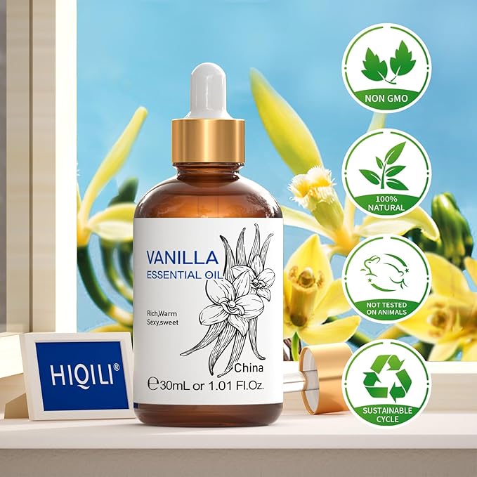HIQILI 1 Fl Oz Vanilla Essential Oil, Undiluted Natural Strong Fragrance Add in Skin Perfume, Unscented Lotion, Candle Soap Making Scent, Relax at Home with Diffuse Warm Sweet Aroma