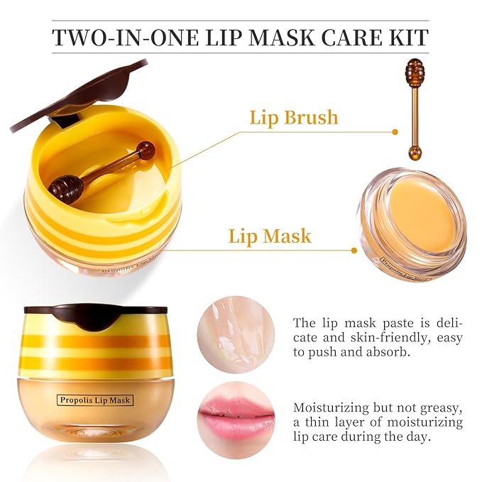 4 PCS Bee Honey Lip Balm Honey Pot, Strawberry & Bee Honey Lip Mask, Reduces Lip Lines, Hydrate & Moisturizing Lip Skin Care, Prevention Dry Cracked Lips, Bee Honey Lip Balm for Lip Repair Treatment