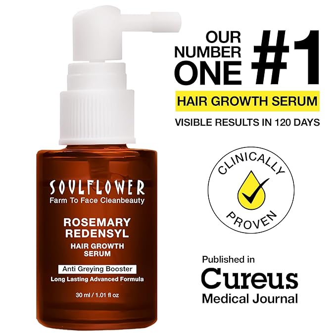 Soulflower Rosemary Redensyl Hair Growth Serum | 3% Redensyl, 4% Anagain, Melanogray, Caffeine, Biotin, Keratin, Tea Tree, Chia Seeds, Rice Water | Men, Women | 30 ml