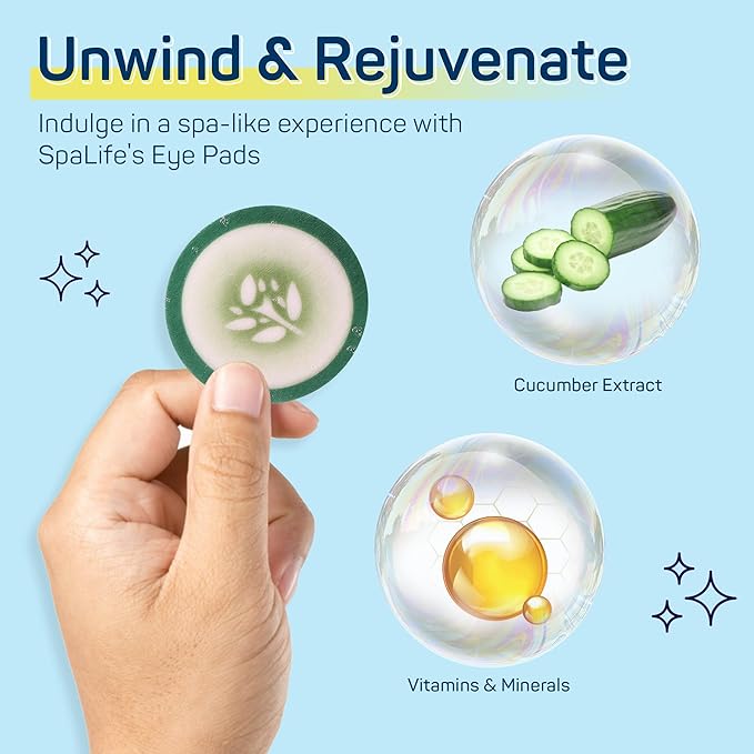 SpaLife Cooling Eye Pads - Korean Soothing Eye Pads for Dark Circles, Puffy Eyes, and Wrinkles - 48 Pads with Fruit + Vegetable Extracts - Revitalizing Hydrating Eye Pads for Eye Treatment (Cucumber)
