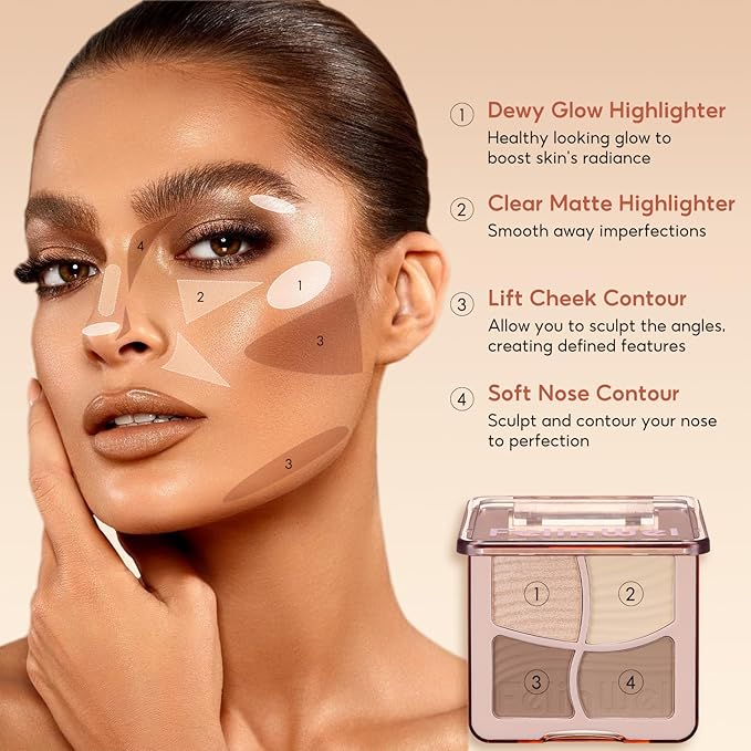 Highlight Contour Makeup Palette Effortless Blending Matte Shimmer Highlighter Palette and Bronzer Powder for Warm Toned Skin with Brush