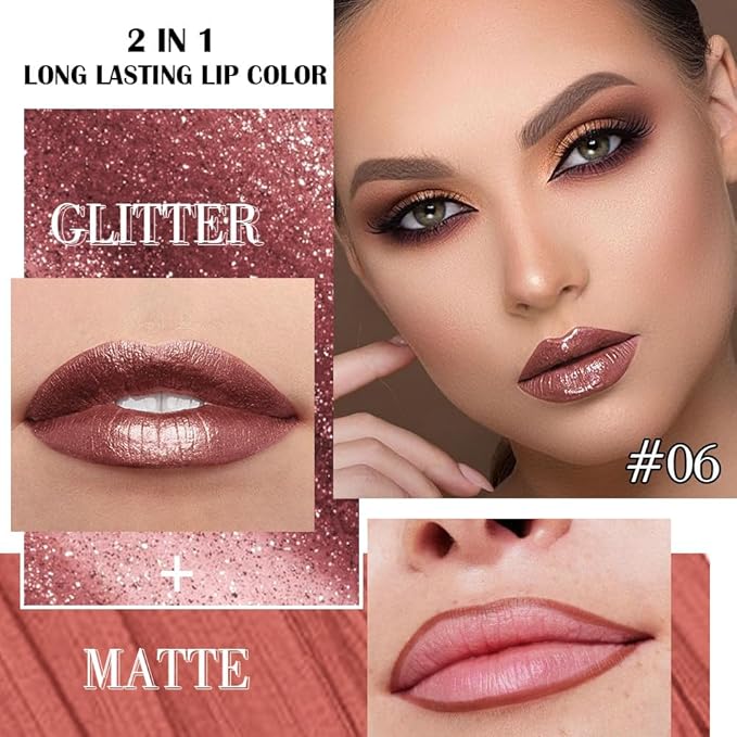 evpct Dark Bronze Metallic Shimmer Lip Liner and Lipstick Combo Lip Gloss Stains Set Makeup for Women Long Lasting Waterproof 24, Iced Mocha Frosted Metallic Glitter Glossy iridescent Liquid Lipstick
