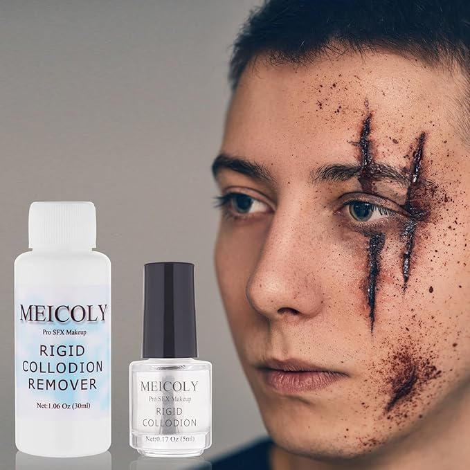 MEICOLY Rigid Collodion and Remover Kit,Scarring Liquid with Brush,Professional Scar Makeup for Halloween SFX Cosplay,Liquid Scar Fake Scar Makeup for Theater Stage Performance,Collodion Scar Liquid