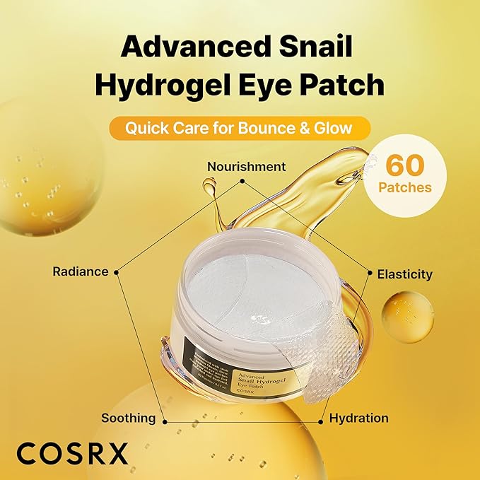 COSRX Advanced Snail Hydrogel Eye Patch (60pc), Gel Serum Mask, Puffy Undereye Treament, Fine Lines, Refresh, Hydrate| Paraben free, Korean Skin Care