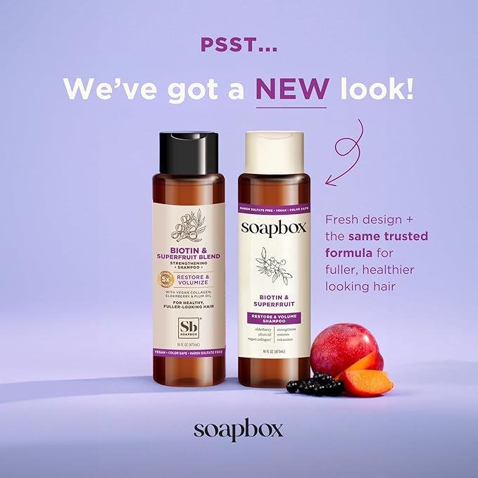 Soapbox Biotin & Superfruit Shampoo & Conditioner Set with Vegan Collagen, Aloe and Shea Butter, Pack of 2 Harsh Sulfate Free, Paraben & Silicone Free, 16 Ounces Each