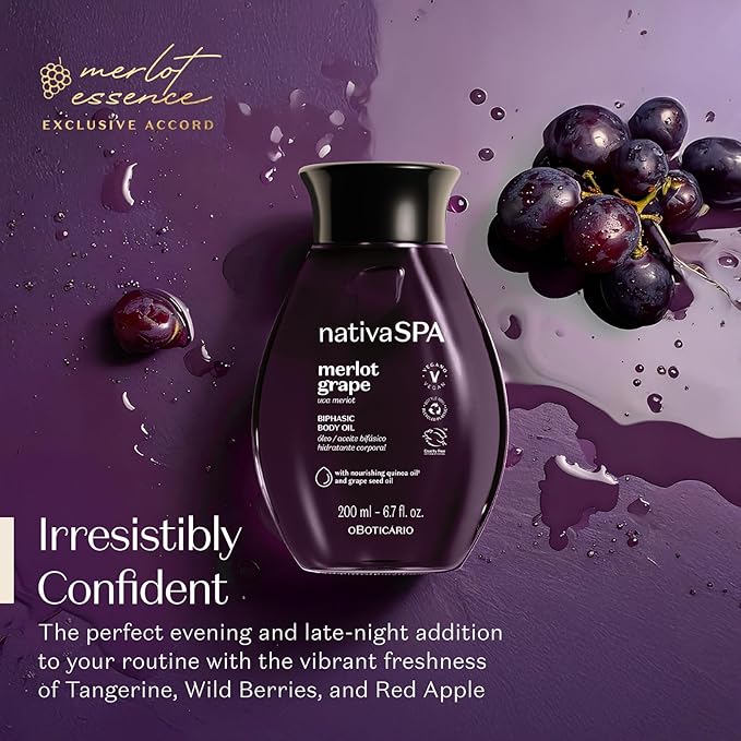 Nativa SPA by O Boticário Merlot Grape Biphase Body Oil, with Quinoa & Grapeseed Oils, Silky Glow with Hydration, 6.7 Ounce (200ml)
