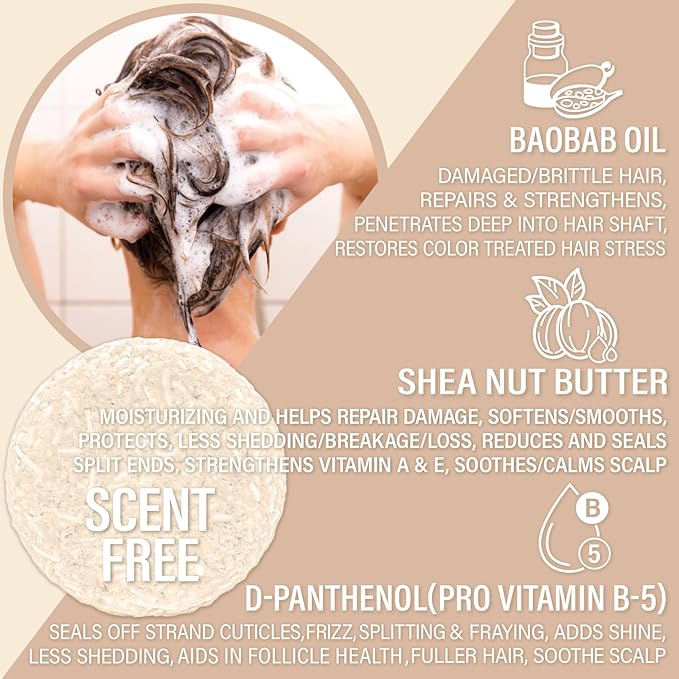 Unscented Shampoo Bar for all hair types is Vegan, Sulfate Free and Made in USA. Get up to 60 Washes at Home or use as a Travel Shampoo. Great for strenghtening shampoo for sensitive skin.