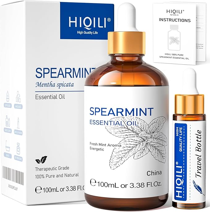 HIQILI 100ML Spearmint Oil for Skin Care, Facial, Can be Added to Lotions, Creams -100% Pure Natural Treatment Grade - 3.38 Fl Oz