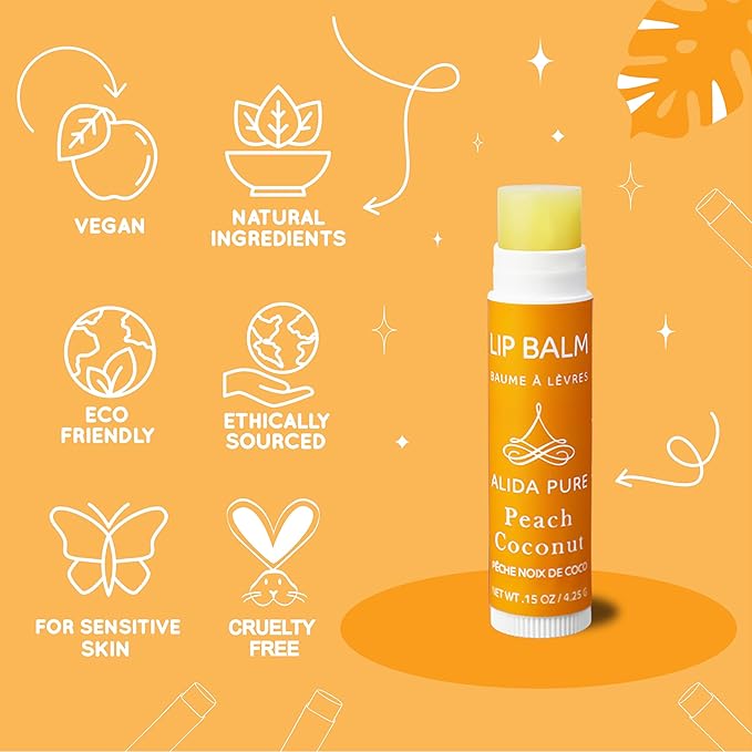 Peach Coconut Lip Balm Collection, Vegan Lip Balm Set, Lip Balm, Beeswax Free, with Avocado Oil, Organic Jojoba Oil, and Vitamin E, Natural Moisturizer for Dry, Chapped Lips, 3 Tube Set