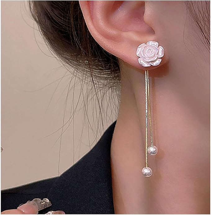 Vintage Flower Pearl Drop Earrings Long Tassel Pearl Earrings White Camellia Stud Earring Gold Pearl Chain Dangle Earrings Jewelry for Women