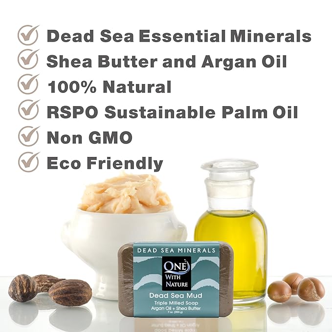 One With Nature Dead Sea Soap 4oz Variety 3Pk-Dead Sea Mud, Activated Charcoal, and Dead Sea Salt-Detoxifying and Exfoliating Soap Bars with Dead Sea Salt for Face & Body, for Men & Women