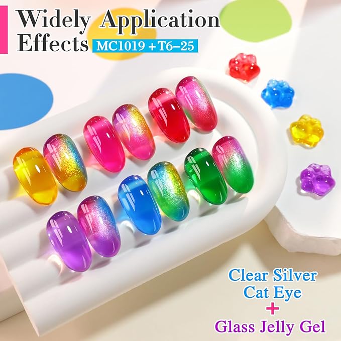 Double Rhythm 6 Pcs 15 ML Gel Polish Set Same Color Same Bottle Soak Off Gel Polish Kit Nail Art Manicure Salon DIY at Home for Women (Jelly Yellow Pink Red Purple Blue-T6-25)