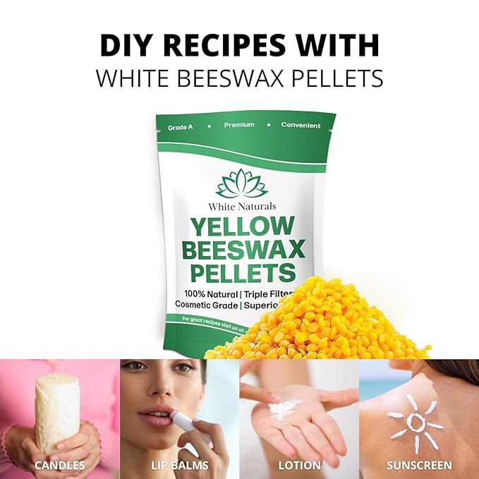 Yellow Beeswax Pellets 8oz, Pure, Natural, Cosmetic Grade, Bees Wax Pastilles, Triple Filtered, Great For DIY Lip Balms, Lotions, Candles By White Naturals
