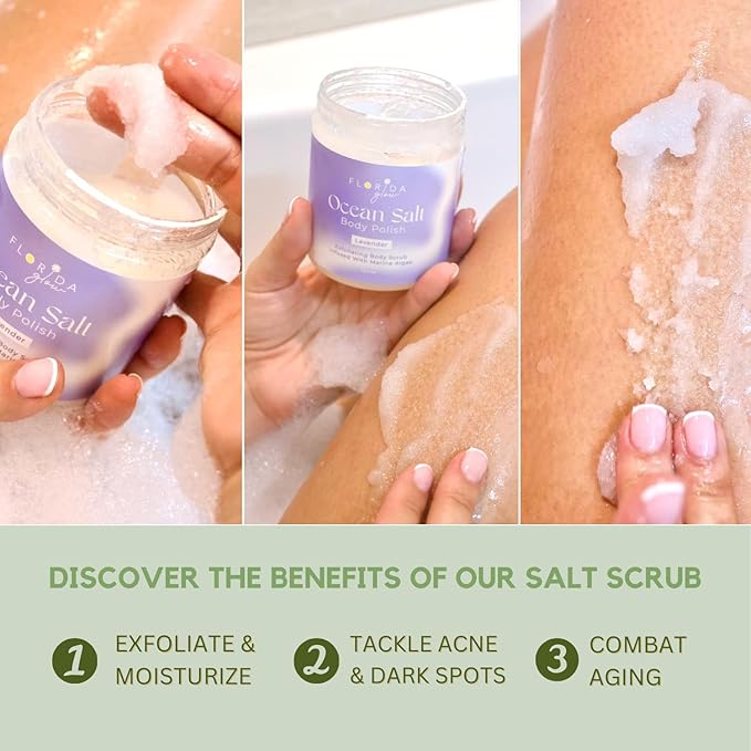 Sea Salt Body Scrub by Florida Suncare - Ocean Salt Body Polish Infused with Marine Algae - Exfoliating Face and Body Scrub - Facial Scrub Exfoliator to Tackle Acne (Key Lime, 3.3 oz)