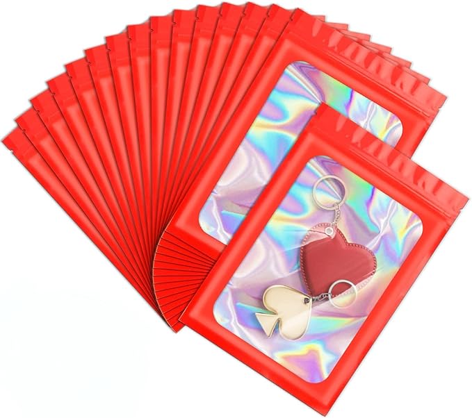 ANZNKU 100 Pcs Smell Proof Mylar Resealable Bags, Holographic Packaging Bags, Resealable Odor Foil Pouch Zip Bags with Clear Window for Food Storage and Lipgloss, Jewelry Lash (Red, 3.9 x 7.1 Inch)