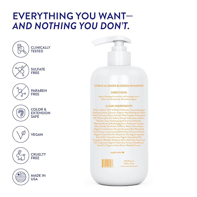 Routine Wellness Anti-Thinning Shampoo for Thinning Hair - Biotin DHT Blocker Women & Men - Color Safe Shampoo for Hair Loss & Healthy Hair - Citrus & Lemon Blossom - 14oz