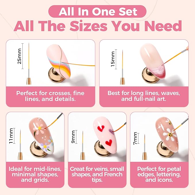 UNA GELLA Nail Art Brushes Metallic, 5 Count Liner Pens Set For Nail Art Gel Polish, Detail Nail Art Design Painting Brush Set For Nails Gel Fine Drawing Nail Tools, Sizes 7/9/11/15/25mm