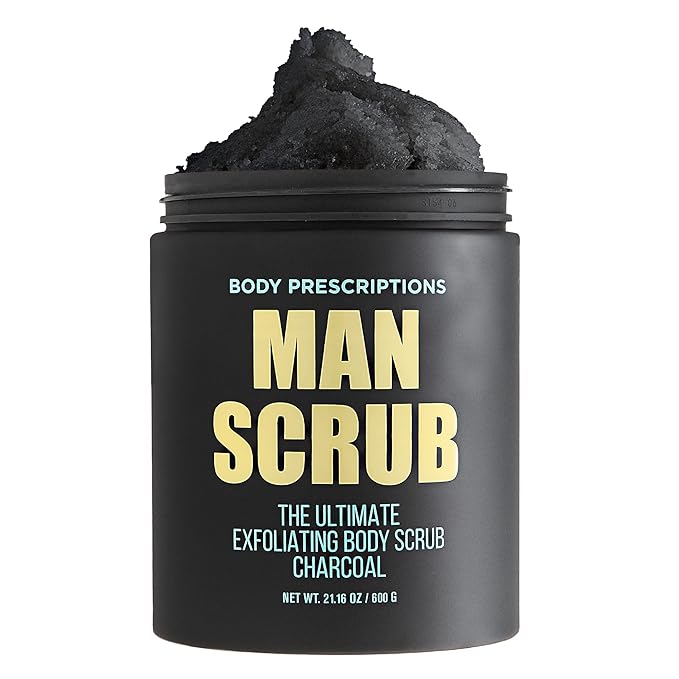 Body Prescriptions Men’s Exfoliating Body Scrub – Ultimate Skin Cleansing Wash in Jar with Twist-Top Lid, For All Skin Types, 21 Ounce (Pack of 1), Charcoal