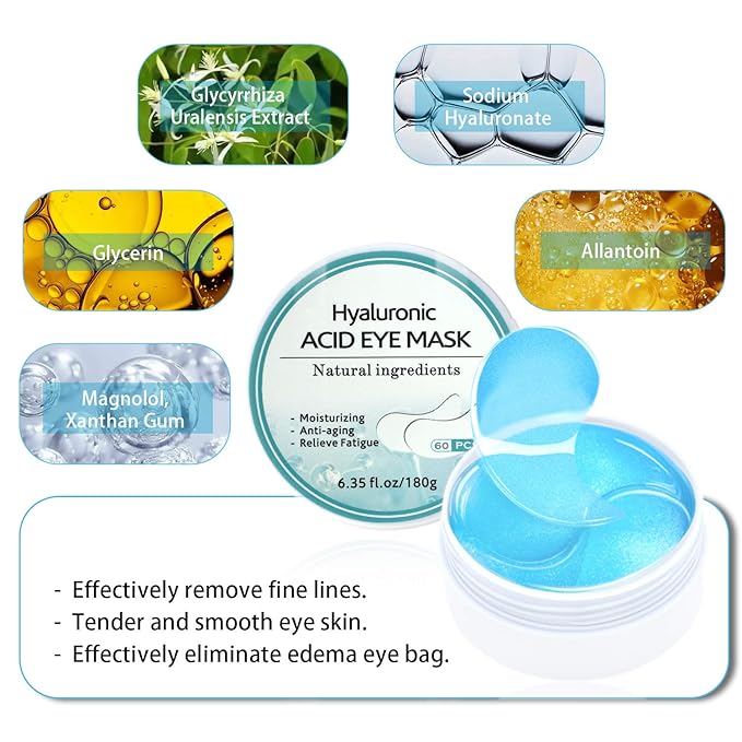 Under Eye Patches, Hyaluronic Acid Eye Mask Moisturizing, 60PCS Eye Gel Pads With Collagen Eye Treatment for Reducing Dark Circles, Wrinkles Anti-Aging, Fine Lines Eye Bags Puffiness Women Men
