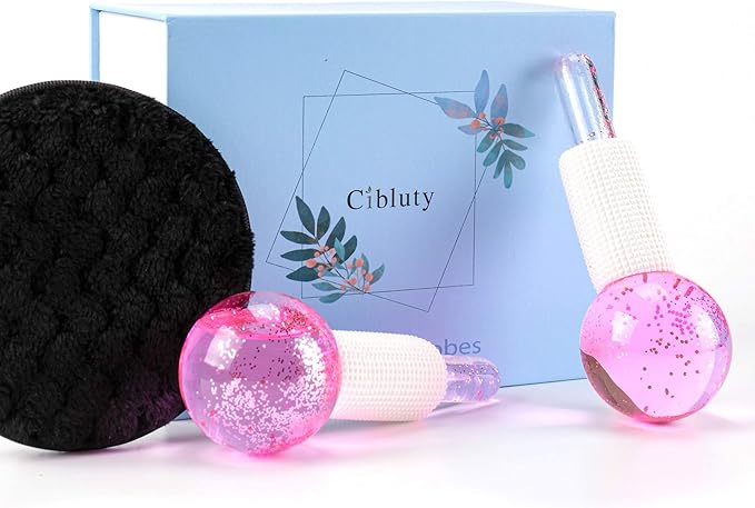 Facial Ice beauty ball- 2PC Globes Pink Facial Roller for Cold or Hot Skin Massagers Globe Durable Quartz Glass for Face and Eye Rollers Reduce Puffiness